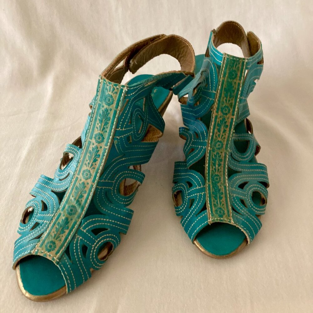 WOMENs SZ 37 (7) L'ARTISTE by Spring Step, Turquoise Leather Sandals - Picture 2 of 6
